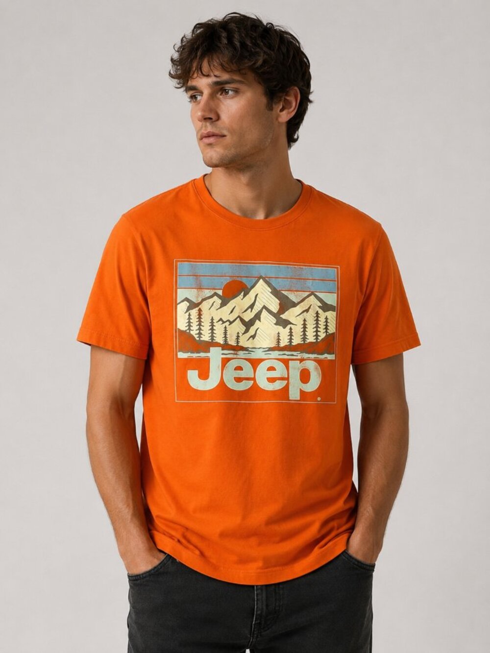 Jeep Graphic T Shirt Mens Medium Orange Mountain Sunset Outdoor Adventure Tee